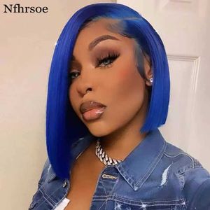 Synthetic Wigs Synthetic Wigs Blue Lace Front Human Hair Wigs Transparent HD Lace Frontal Wig 13x4 Lace Human Hair Wig Brazilian Short Bob Human Hair Wigs 240327