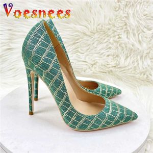 Dress Shoes Fashion Big Size Pointed Toe Womens 2023 New Blue Elastic Fabric Cloth High Heels Gold Checkered Vacation Casual Pumps H240325