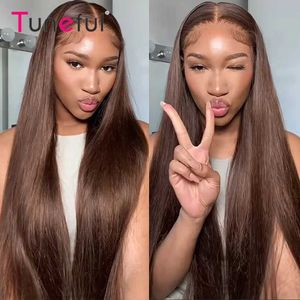 Synthetic Wigs Chocolate Brown Colored 13x4 HD Lace Front Human Hair Wigs Raw Indian Straight Human Hair Wigs HD Transparent Lace Frontal Wigs 240329