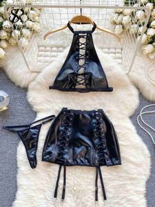 Sexy Set SINGREINY Erotic Lingerie PU Leather Lace Up Mesh Halter Backless Top+Mini Skirt+Thongs Fashion Hollow Out Sexy Underwear Sets 24319