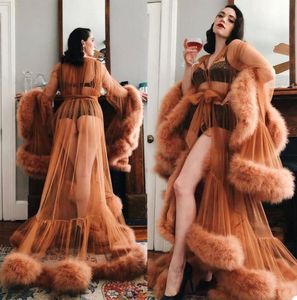 Women039S Faux Fur Robe Imono妊娠パーティースリープウェア女性セクシーなスプリットバスローブシアーナイトガウンプロムブライドメイドシャウェル20217783003