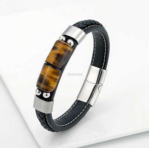 Bangle New Lucky Board Jóias Retro Pedra Natural Tigre Olho Homens Aço Inoxidável Pulseira Pingente Clássico Preto Couro Link Pulseira 240319