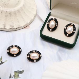 Stud Earrings Geometry Pearl Black Enamel Retro Trendy Temperament Elegant Style Party Modern Female Gift