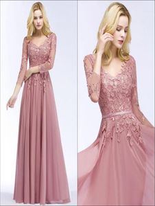 Elegant V Neck Chiffon Long Evening Dresses Sheer Long Sleeves Lace Applique Floor Length Formal Party Prom Dresses Real Image CPS2577003