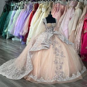 Szampan quinceanera sukienki z Cape Lace Appliques Crystals Princess Ball sukienki Vestidos Corset Style