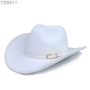 Breda brimhattar hink Retro Simple White Leather Belt Band Kvinnor /barn barn ull varm cowboy western hatt cowgirl cap (54-57-61cm 240319