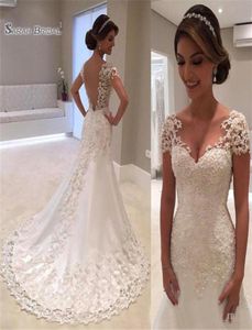 Abito da sposa a sirena in pizzo vintage con scollo a V maniche corte abito da sposa senza schienale Vestido De Noiva Casamento Mariag6557264