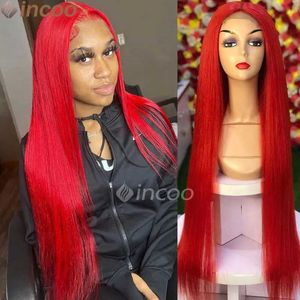 Synthetische Perücken Hot Red 13X6 HD Lace Frontal Human Hair Wig Straight 99J Burgund 13X4 Lace Front Human Hair Perücken für Frauen Farbige Perücken 34 Zoll 240328 240327