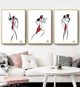 Modern Abstract Dancing Couple Wall Art Canvas Painting Nordic Minimalist Line Drawing Art Painting BlackWhiteRed Poster for Ho7207889