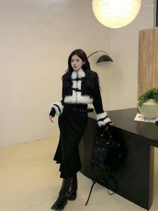 Work Dresses Sweet Girl Suit Women's Spring Fur Turn-down Collar Jacket High Waisted Mermaid Skirt Two-piece Set Fashion Female Clothes