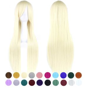 Syntetyczne peruki koronkowe peruki 80 cm długie blondynki proste syntetyczne włosy cosplay z grzywką Halloweenowe imprezowe włosy 240329