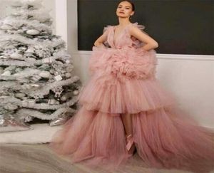 Puffy tutu tulle prom klänningar djupt v nacke tiered ben slits flickor pageant klänning sexig bakre afrikansk aftonklänning dammig rosa959854