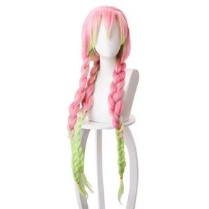 Synthetic Wigs Lace Wigs Anime Kanroji Mitsuri Kimetsu No Yaiba Cosplay Wigs Pink Green Gradient Synthetic Heat Resistant Hair 240329