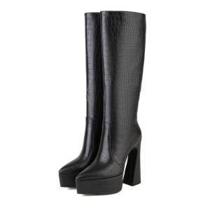 Stövlar 2022 Ny Super Fiber Leather Platform Knäskor Kvinnor Warm Winter Fashion Long Boots 14cm svart vit storlek 3445 Höga klackar