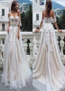Country Bohemian Lace Wedding Dresses 2020 Off The Shoulder Tulle Applicantes A Line Backless Garden Bride Wedding Robe de Soriee BC7159652