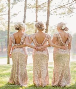Новейшие светло-золотые блестящие платья подружки невесты с блестками и драпировкой с открытой спиной Сексуальные платья для выпускного вечера с рюшами и рукавами-русалкой для подружки невесты D4147200