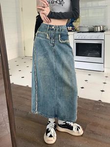 Skirts S-XL Tassel Vintage Long Denim Skirt 2024 Korean Style High Waist A Line Patchwork Women Jeans (78979