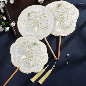 Decorative Figurines China Fan Wholesale Semi-Transparent Long Handle Tassel Dance Female Costume Hanfu Cheongsam Embroidery Small Round