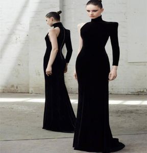 Long Sleeves One Shoulder Evening Dresses Black Mermaid Evening Gowns Fashion Velvet Prom Dress Robe De Soiree1841626