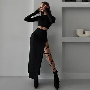 Work Dresses 2024 Spring And Autumn Women's Skirt Set Fashionable Long Sleeved Top Side Split Tie Half Casual Solid Color Two Piece