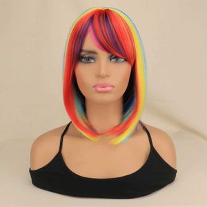 Syntetyczne peruki koronkowe peruki Halloweenowe kostiumy Cosplay Peruki dla czarnych kobiet białe womany kolor Rainbow Bob Hairs z grzywką prosta przyjęcie naturalne 240329