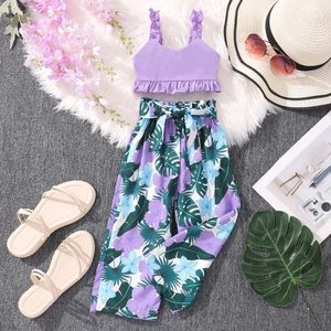 Clothing Sets 2024 Butterfly Straps And Pants Three Piece Set Girls' Summer Fashion Paired With Short Sleeved T-shirts