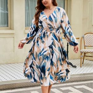 Plus Size Dresses Fashion Oversized Dress Women Spring Casual Beach Long Sleeved V-neck Printed Women's Clothing Drop