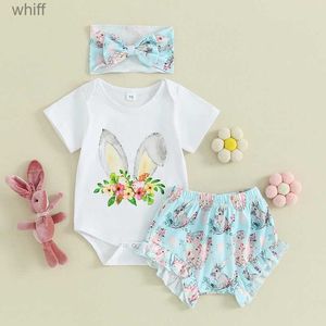 Clothing Sets Newborn Baby Girl Easter Outfit Short Sleeve Bunny Romper Elastic Waist Shorts Headband Cute Summer ClothesC24319