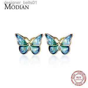 Stud MODIAN smalto blu ly farfalle orecchino a bottone per le donne argento sterling 925 moda orecchini a bottone per insetti gioielleria raffinata BijouxC24319