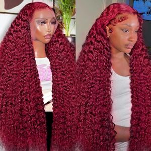250 gęstość 99J Burgundia głębokie fala 13x6 HD koronkowe frontalowe peruki ludzkie włosy Remy Czerwony Kolor Curly 13x4 koronkowy przednia peruka dla kobiet