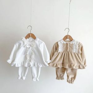 Milancel Baby Flanell Pyjama Set Lace Bow Girls Sleepwear Toddlers Thick Home Wear 2 PCS 240313