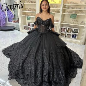 黒の恋人ボールガウンQuinceaneraドレスチュールレースフォーマルベスティドデ15 ANOS Quinceanera Princess Party Dress