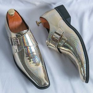 포인트 HBP 비 브랜드 크기 38-46 발가락 드레스 신발 캐주얼 슬립에 실버 Singledouble Monk Strap Leather를위한