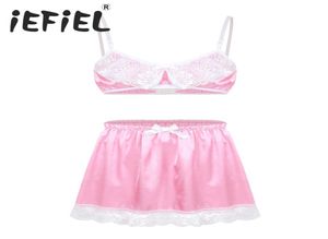 Sexy Mens Smooth Satin Lace Sissy Lingerie Set Adjustable Spaghetti Shoulder Straps Bra Top with Elastic Waistband Short Skirt LY17593105