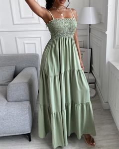 Casual Dresses Summer Boho Women Dress Elegant Shirring Detail Square Neck Spaghetti Strap Pastell Solid Color Ruched Smock Maxi