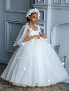 Vestidos de menina com laço branco, sem mangas, flor para casamentos, elegante, apliques de tule, vestido de primeira comunhão, vestido formal de festa infantil