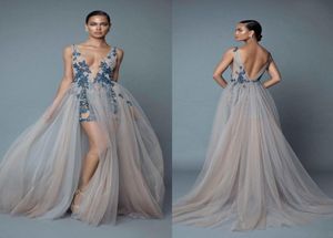2020 Berta Evening Dresses With Overskirts Plunging V Neck Backless Prom Dress med Appliqued Pärlade golvlängd Partyklänningar E04515019