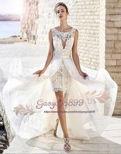 2019 short two piece full lace Sheath Wedding Dresses with Detachable Train vintage Bohemia garden beach cheap Bridal Gowns vestid7375847