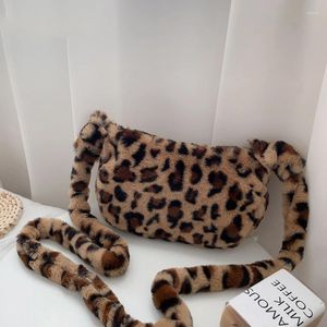 Totes Fashion Leopard Print Shoulder Bag Women Winter Plush Soft Casual Armpit Hobo 2024 Female Fluffy Handbag Ladies Purse Travel