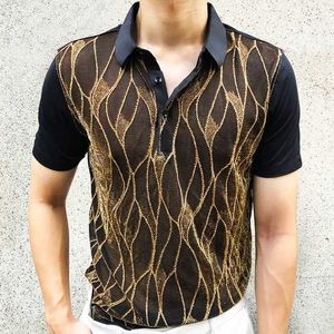 Herren T-Shirts Sommer Kurzarm Polo Schwarz Gold Abstraktes Muster Spitze Sexy Polo Sehen Sie Qualität Männer durch Social Club Luxe Transparentes Hemd J240319