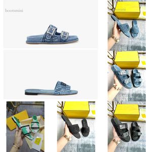 2024 New Double Strap Flat Sandals with F Decorative Buckle and Antique Blue Denim Material Embellishment Quilted Fa Pattern Size 35-42 with Box