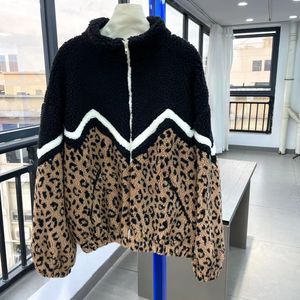 Leopard print color blocking lamb wool jacket with stand up collar and cotton clip, thickened jacket