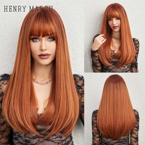 Synthetic Wigs HENRY MARGU Copper Brown Long Straight Women Wig with Bangs Auburn Ombre Synthetic Daily Wig Natural Looking Heat Resistant Hair 240328 240327