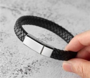 Bangle Homens marrom / couro preto trançado pulseira de aço inoxidável fecho magnético pulseiras elegantes Punk jóias homens presente tamanho 18,5-24 cm 240319