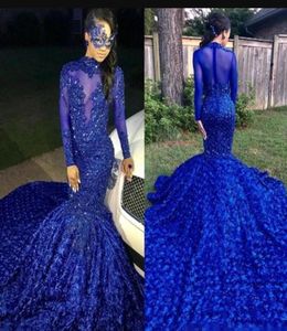 Luksusowy Long Tail Blue 2019 Black Girls Mermaid Sukienki balowe wysokie szyi długie rękawy z koralikami ręcznie robionymi imprezą gow1950053