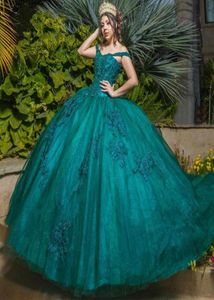 Бальное платье Hunter Платья Quinceanera с блестками и открытыми плечами Выпускные платья из бисера с аппликацией и скользящим шлейфом Тюль Sweet 15 Корсет Masqu1239853