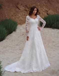2022 Vestios de Novia Lace Up Aline Wedding Bowns Vneck Applices Long Sleeves Garden Elegant Bridal Dresses With See Hrough Bac6500272