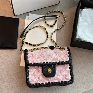 Klassisk tweed tyg handväska designer väska lyxig gyllene hårdvarukedja klaff axel väska mode gyllene turn skåp koppling väska vintage stil tweed cross body väska