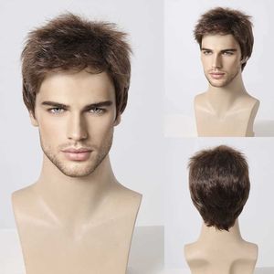 Perucas sintéticas marrom escuro masculino peruca curta bob pixie corte natural cabelo macio marrom em camadas perucas de baixa temperatura fibra para masculino data diária festa 240329