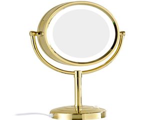 GURUN 10x1x Ampliação Espelho de Maquiagem com Luzes LED Dupla Face Rodada Vidro Cristal Espelho de Pé Acabamento Dourado M2208DJ7259449